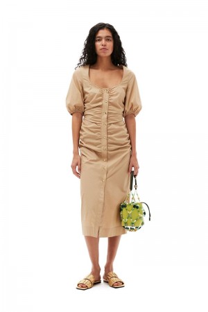 Ganni Baumwoll Poplin Gathered Open-neck Maxikleid Khaki | 856-TDKBLE