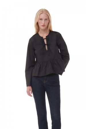 Ganni Baumwoll Poplin Tie String Peplum Bluse Schwarz | 926-LQVFSR