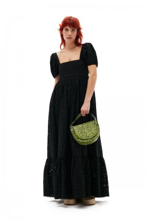 Ganni Broderie Anglaise Maxikleid Schwarz | 510-XPFJYU