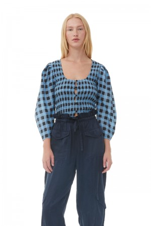 Ganni Checkered Baumwoll Silk Bluse Blau | 782-MJUKBP