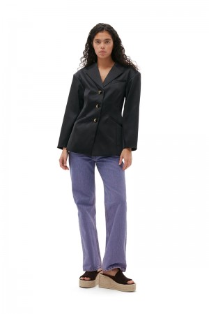 Ganni Double Satin Fitted Blazer Schwarz | 548-NXIGDL