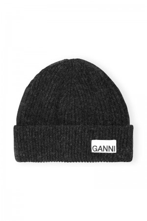 Ganni Fitted Rib Knit Wolle Mütze Schwarz | 823-DSXIKM