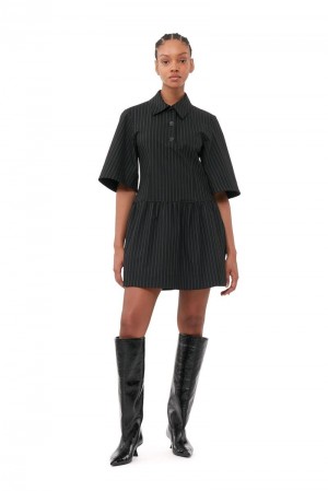 Ganni Gestreift Minikleid Schwarz | 940-RMFQKX