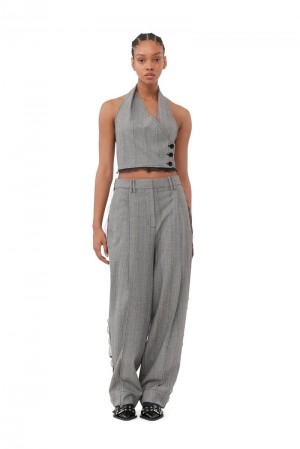 Ganni Herringbone Suiting Falten Hose Grau | 918-KPHUFV