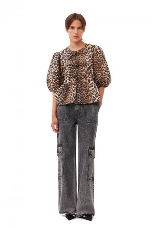 Ganni Leopard Baumwoll Poplin Bluse Leopard | 451-UOHXPJ