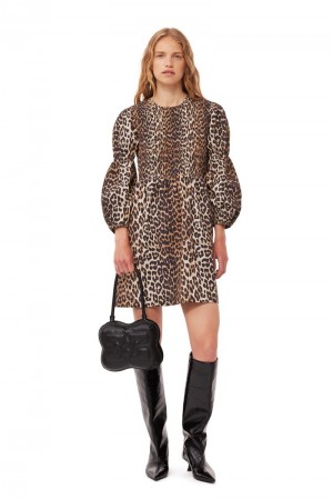 Ganni Leopard Baumwoll Poplin Smock Minikleid Leopard | 241-ECFTIH