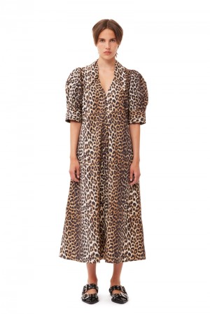 Ganni Leopard Baumwoll Poplin V-neck Maxikleid Leopard | 721-LRFEWB