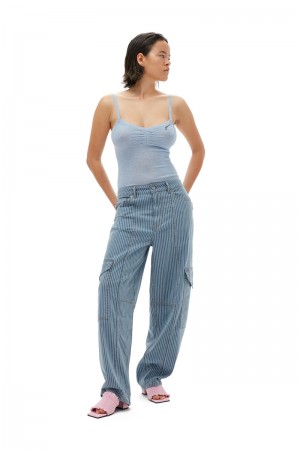 Ganni Light Stripe Denim Cargo Hose Blau Grau | 169-OZGUPA