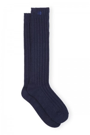 Ganni Long Winter Gerippt Socken Blau | 257-ANDSVB