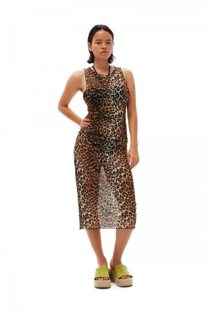 Ganni Mesh Cover Up Ärmellose Kleid Leopard | 324-EUHPTQ