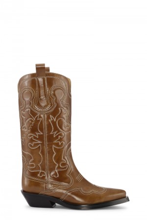 Ganni Mid Shaft Embroidered Westernstiefel Braun | 619-RPLBEY