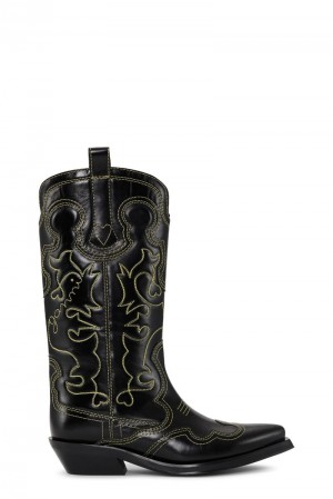 Ganni Mid Shaft Embroidered Westernstiefel Schwarz | 067-GOPIFE