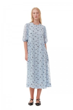 Ganni Printed Georgette Puff Sleeve Midi-kleid Blau | 463-RSWNYM