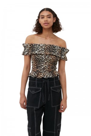 Ganni Sheer Voile Cropped Off-shoulder Smock Oberteile Braun | 785-SFCKYQ