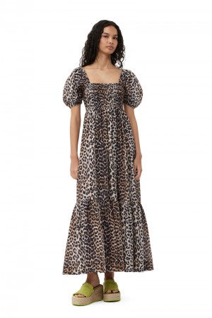 Ganni Silk Smock Maxikleid Leopard | 764-GLZDFP