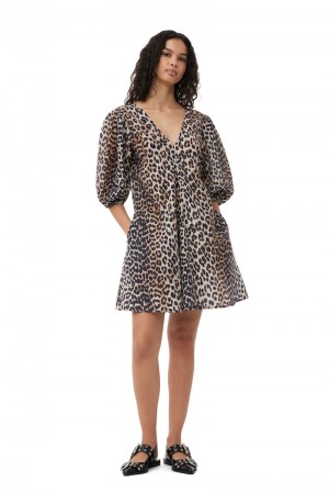 Ganni Silk V-neck Minikleid Leopard | 057-OHALEG