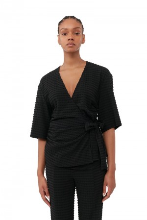 Ganni Stretch Seersucker Wrap Bluse Schwarz | 368-MUWHDN