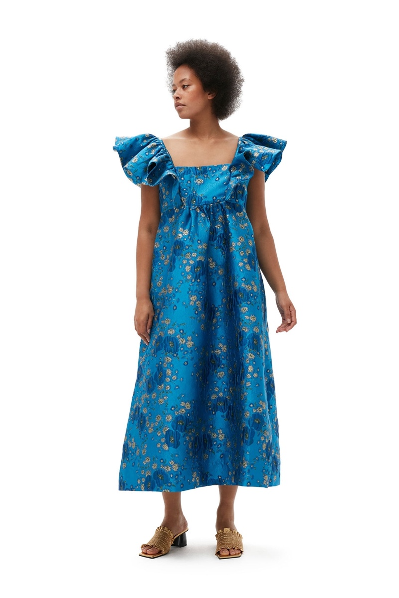 Ganni 3D Jacquard Ruffle Midi-kleid Blau | 532-XQIDFR