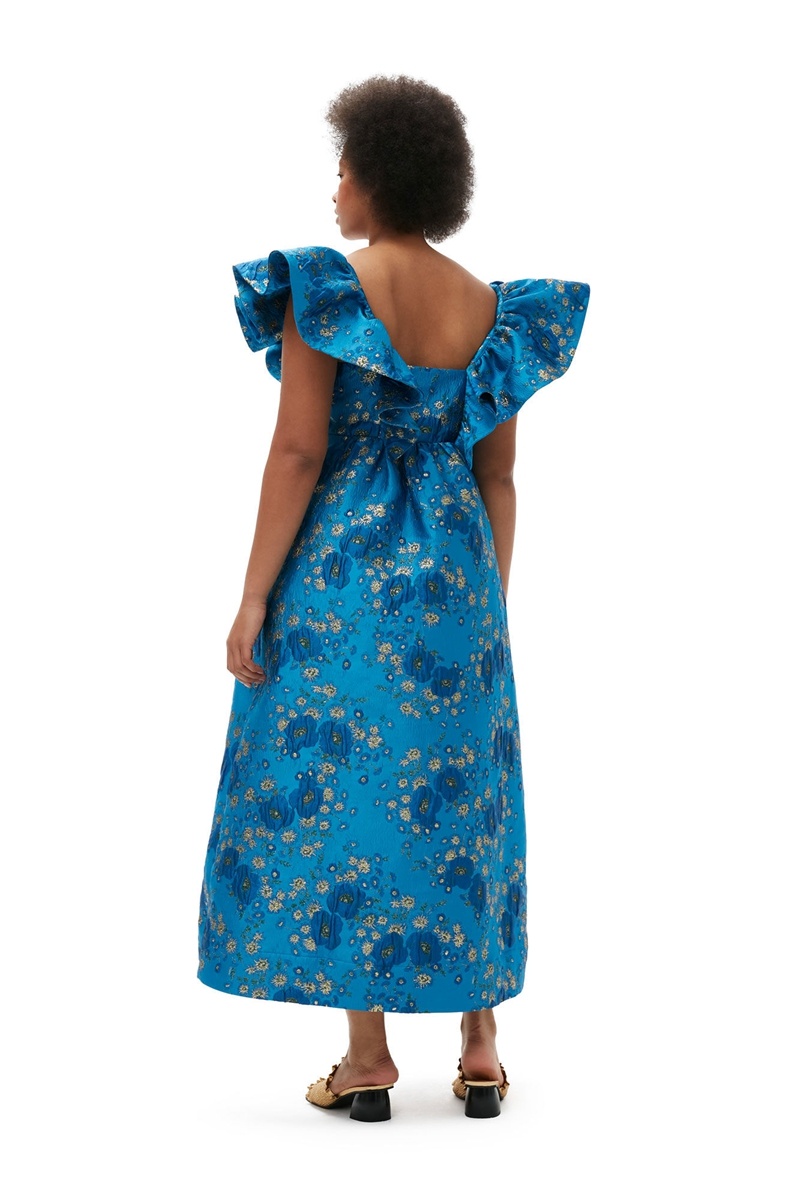 Ganni 3D Jacquard Ruffle Midi-kleid Blau | 532-XQIDFR