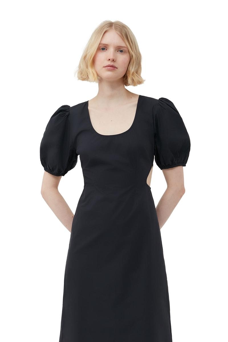 Ganni Baumwoll Poplin Cutout Kleid Schwarz | 208-FZSVXL