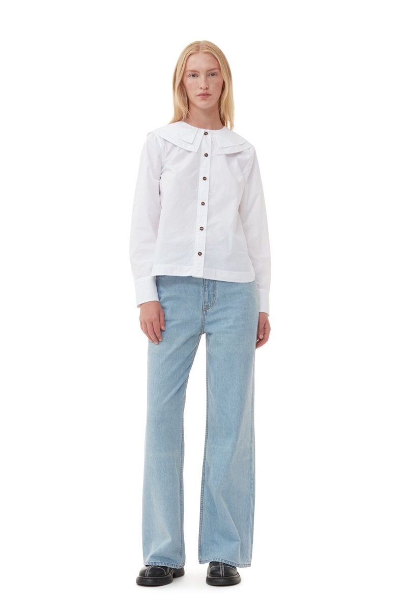 Ganni Baumwoll Poplin Double-Collar Hemd Weiß | 872-UTBCAR