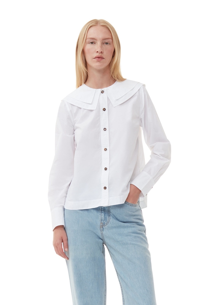 Ganni Baumwoll Poplin Double-Collar Hemd Weiß | 872-UTBCAR