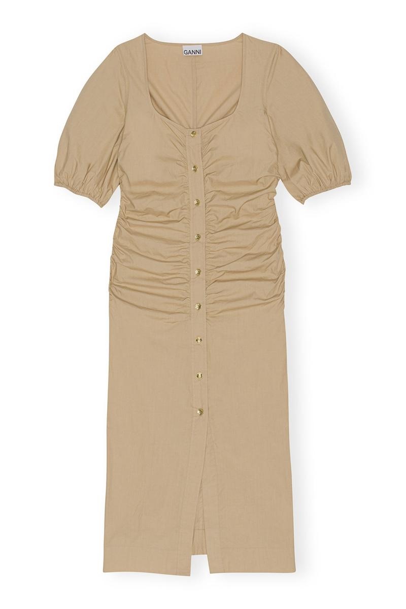 Ganni Baumwoll Poplin Gathered Open-neck Maxikleid Khaki | 856-TDKBLE