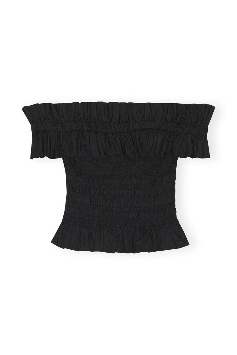 Ganni Baumwoll Poplin Off-shoulder Smock Oberteile Schwarz | 530-HFMOIE