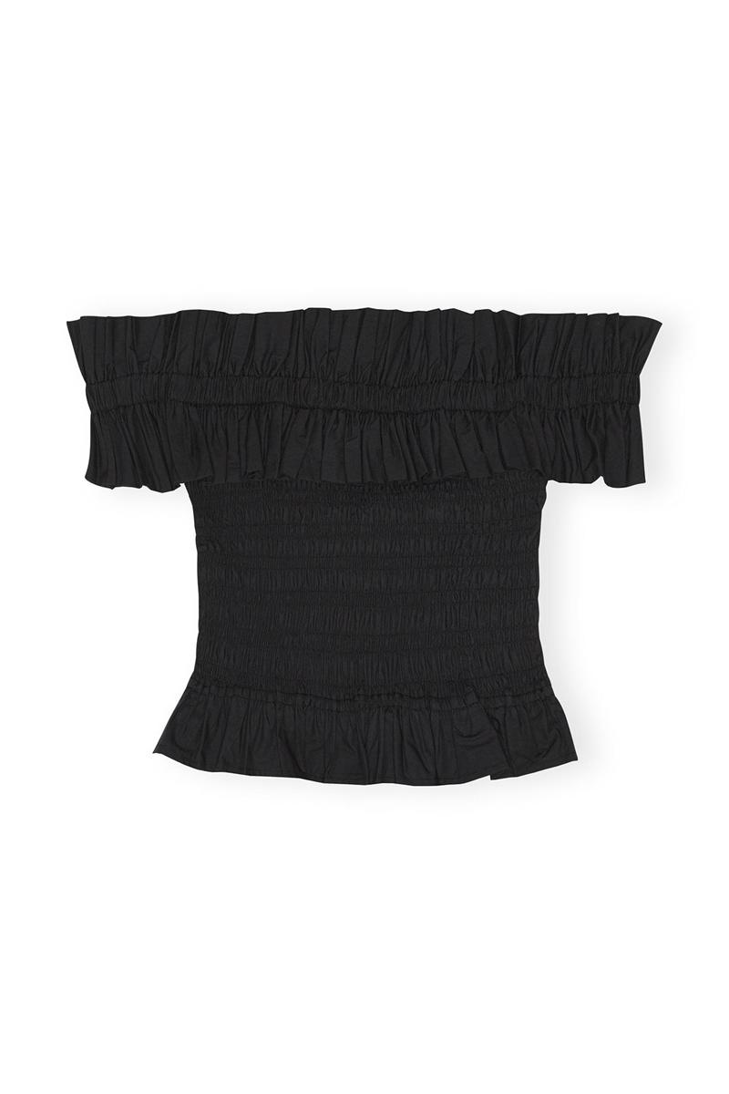 Ganni Baumwoll Poplin Off-shoulder Smock Oberteile Schwarz | 530-HFMOIE