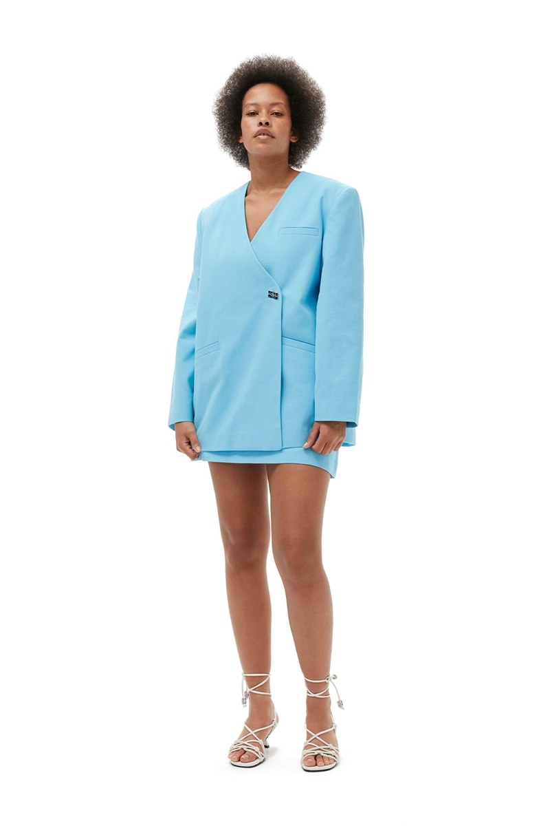 Ganni Baumwoll Suiting Boxy Blazer Blau | 046-CGYJZF