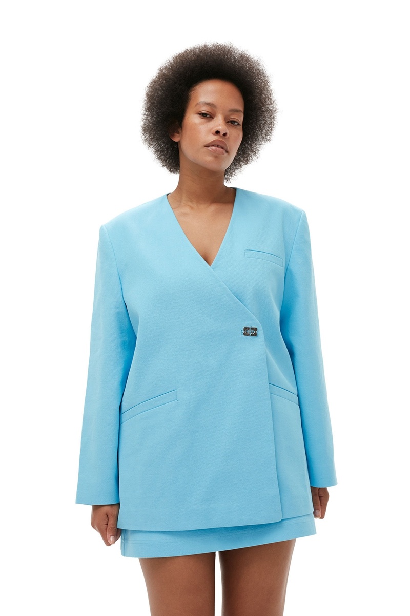 Ganni Baumwoll Suiting Boxy Blazer Blau | 046-CGYJZF