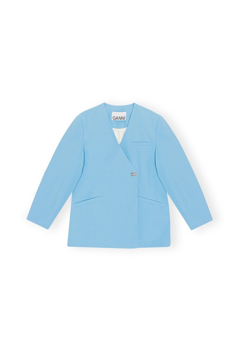 Ganni Baumwoll Suiting Boxy Blazer Blau | 046-CGYJZF