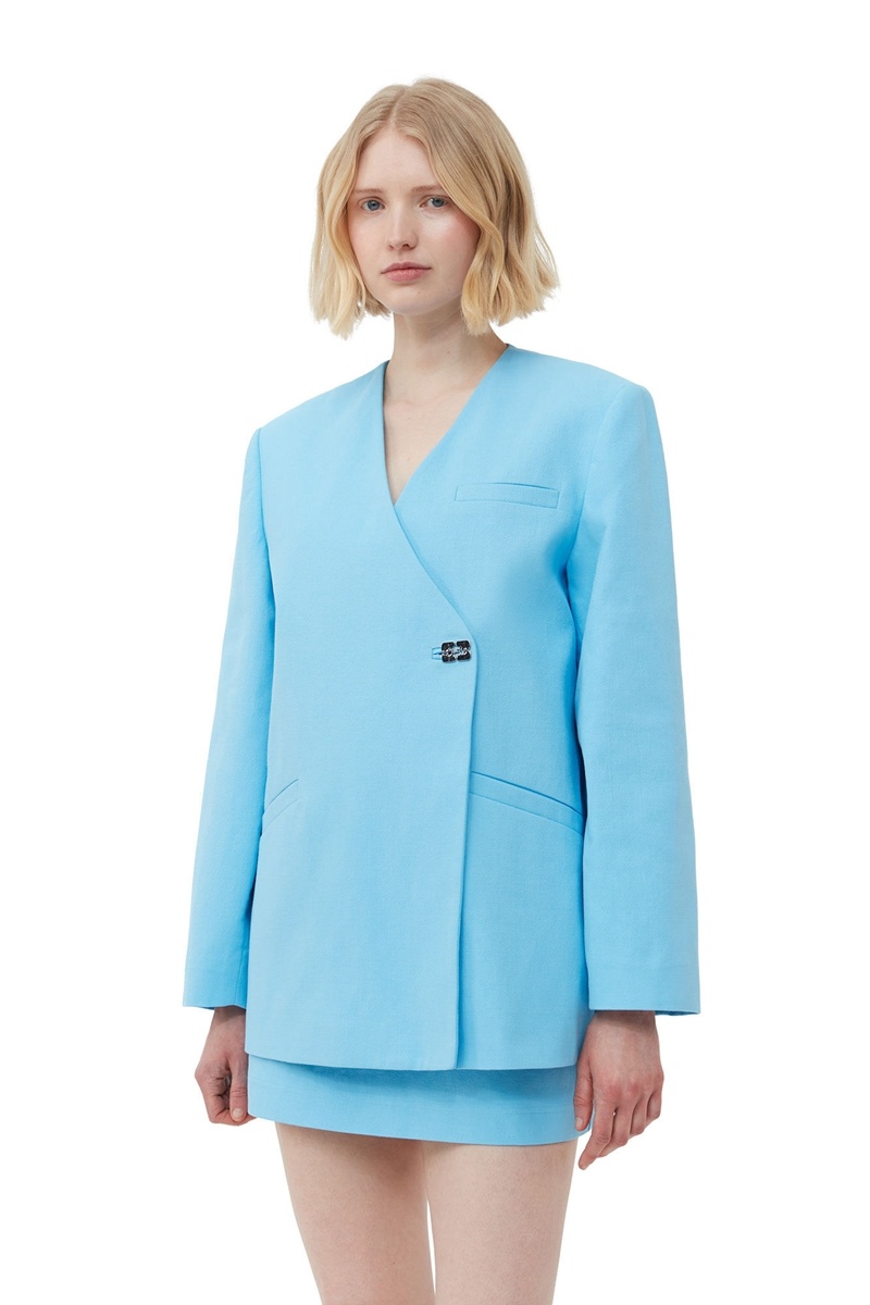 Ganni Baumwoll Suiting Boxy Blazer Blau | 046-CGYJZF