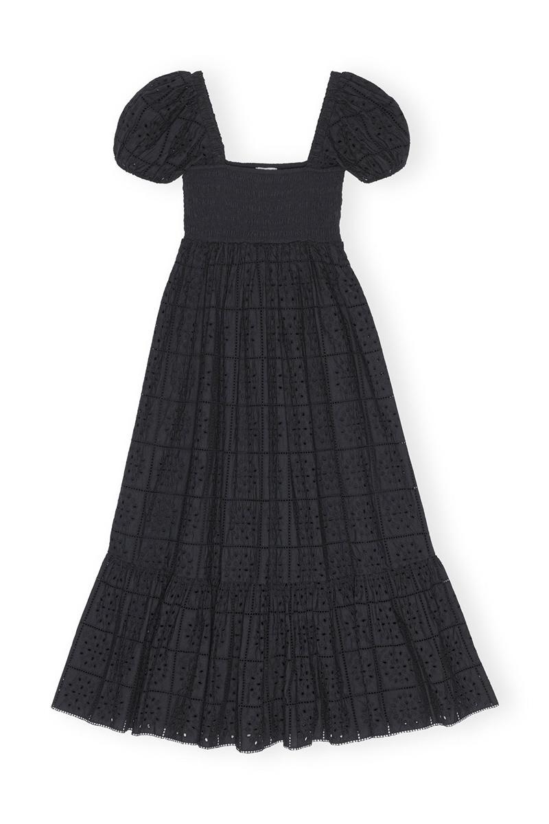 Ganni Broderie Anglaise Maxikleid Schwarz | 510-XPFJYU