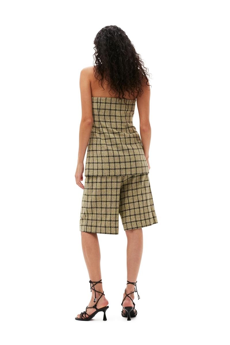 Ganni Check Suiting Relaxed Falten Kurze Hose Olivgrün | 931-HYXTEL