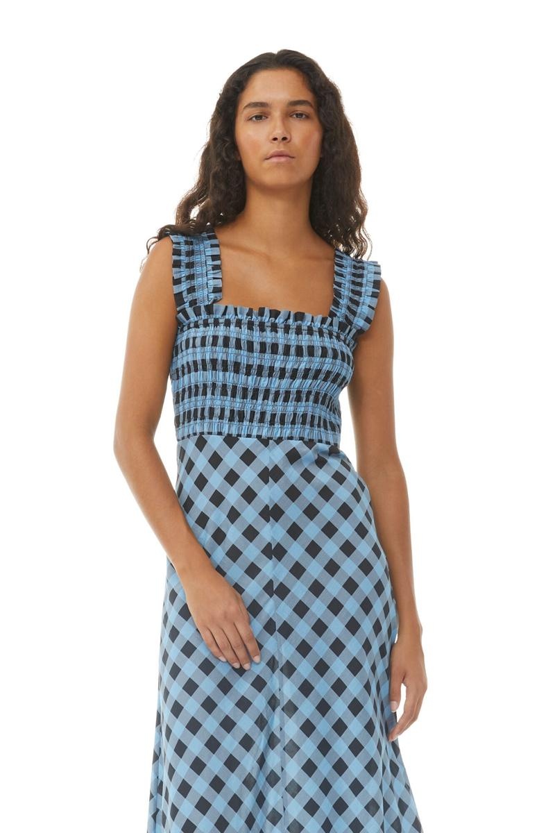 Ganni Checkered Baumwoll Silk Long Riemen Kleid Blau | 694-IZDHUC