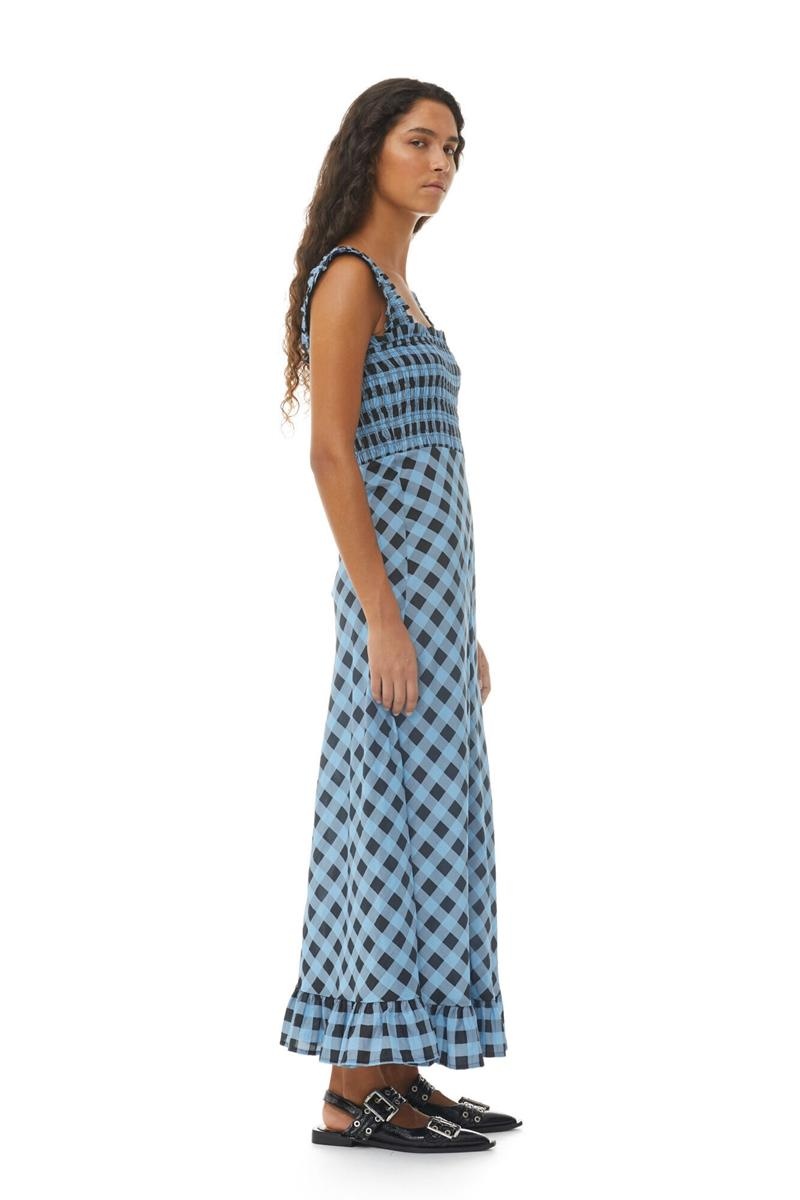 Ganni Checkered Baumwoll Silk Long Riemen Kleid Blau | 694-IZDHUC