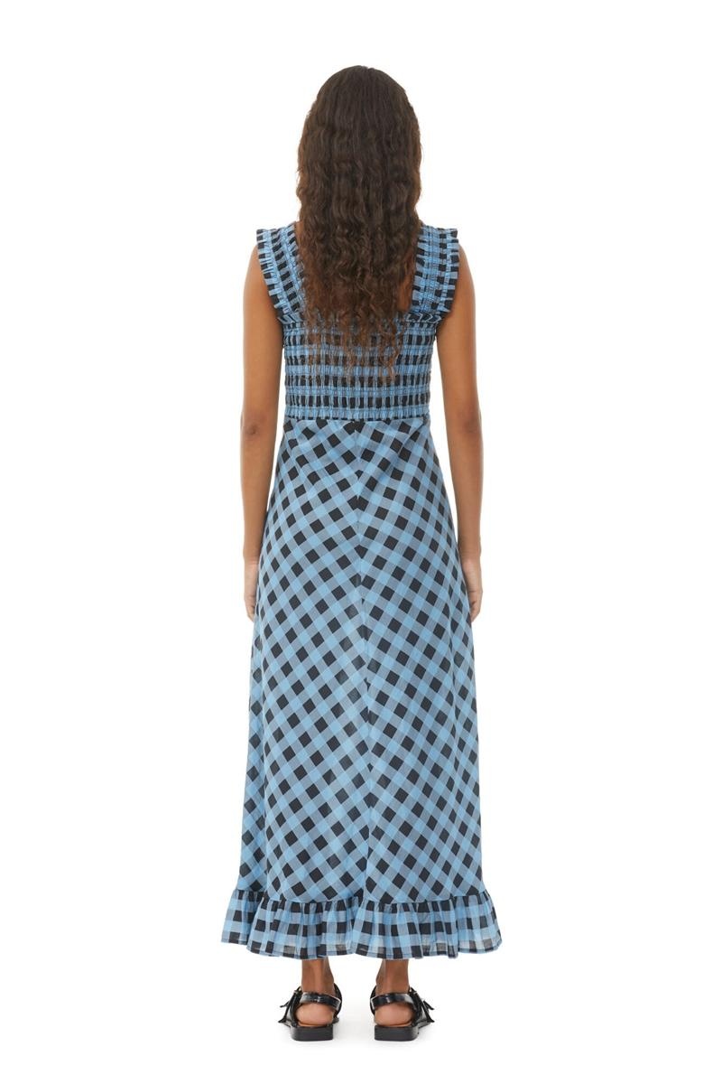 Ganni Checkered Baumwoll Silk Long Riemen Kleid Blau | 694-IZDHUC