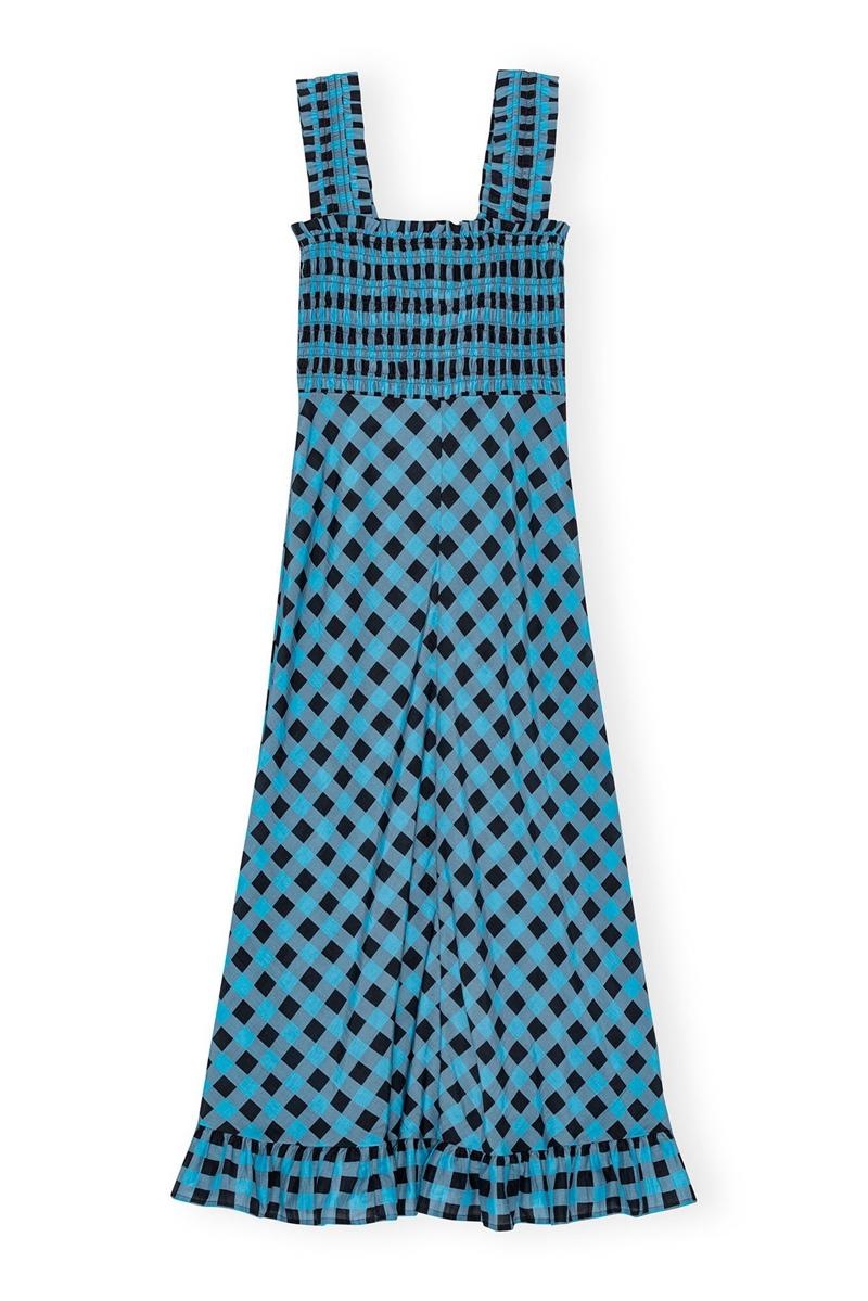 Ganni Checkered Baumwoll Silk Long Riemen Kleid Blau | 694-IZDHUC