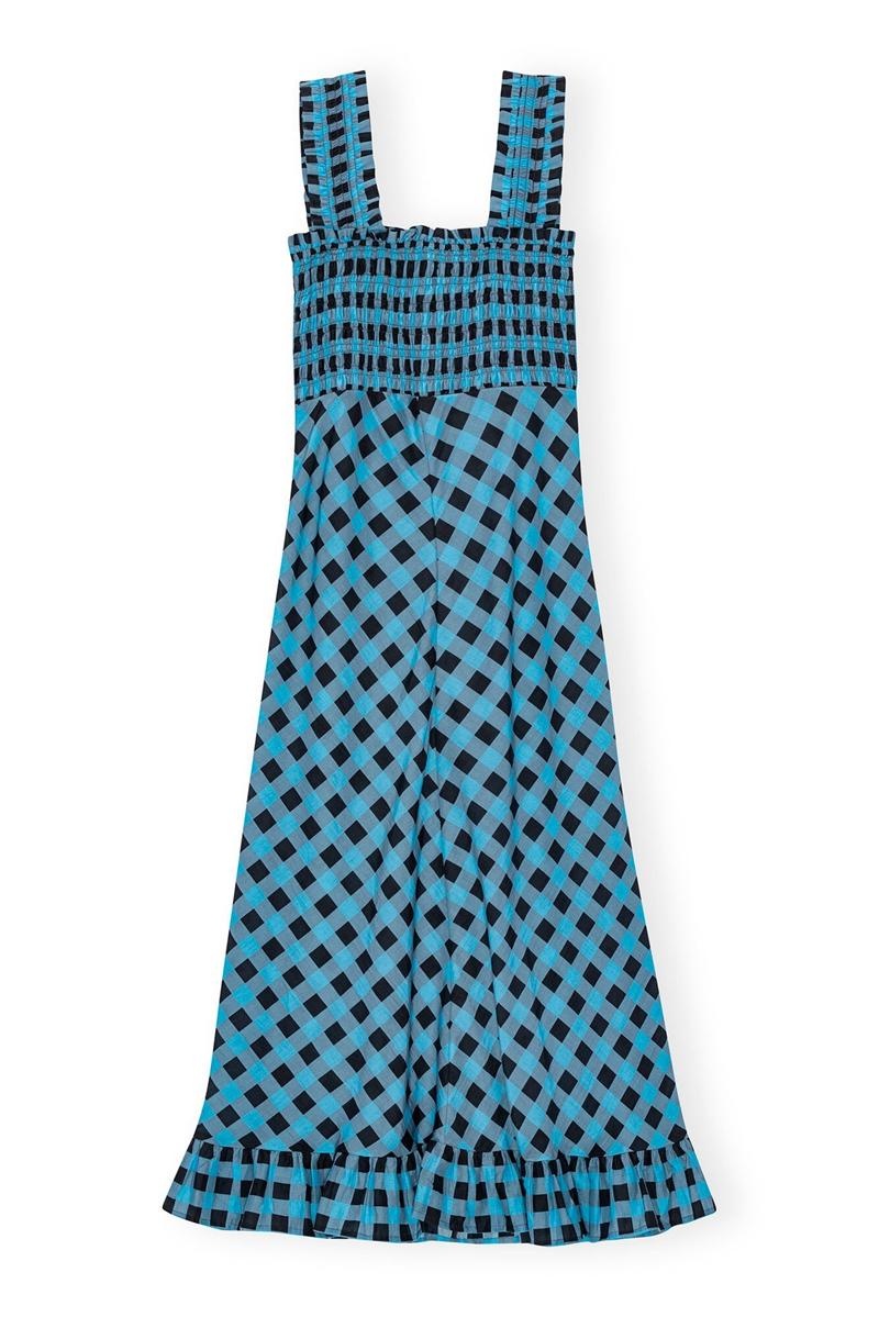 Ganni Checkered Baumwoll Silk Long Riemen Kleid Blau | 694-IZDHUC