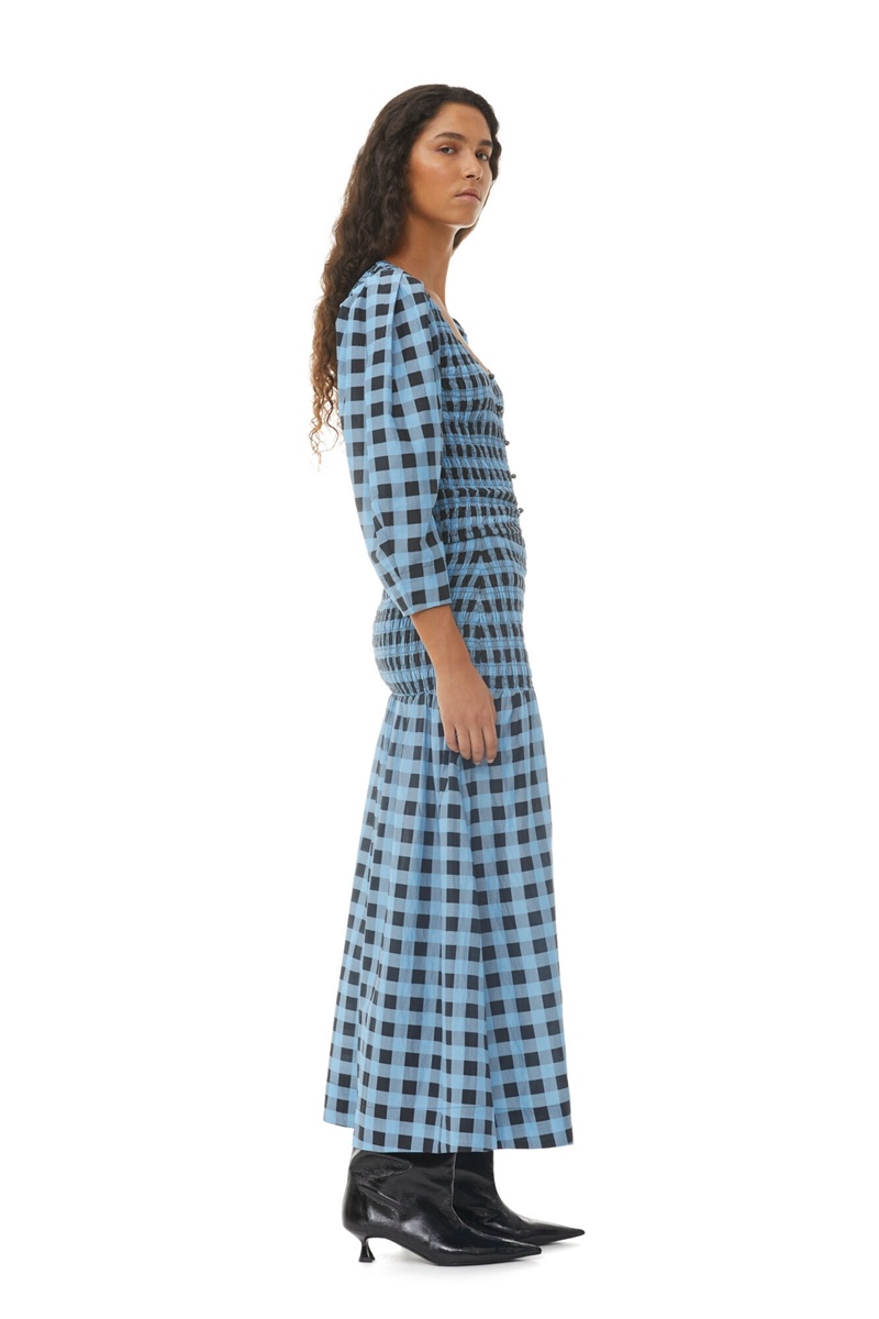 Ganni Checkered Baumwoll Silk Long Smock Röcke Blau | 607-XRSOLE