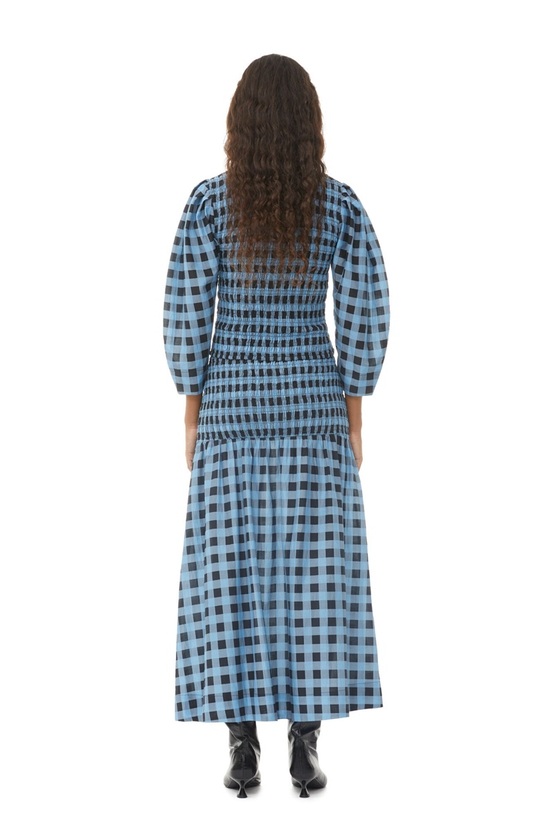 Ganni Checkered Baumwoll Silk Long Smock Röcke Blau | 607-XRSOLE