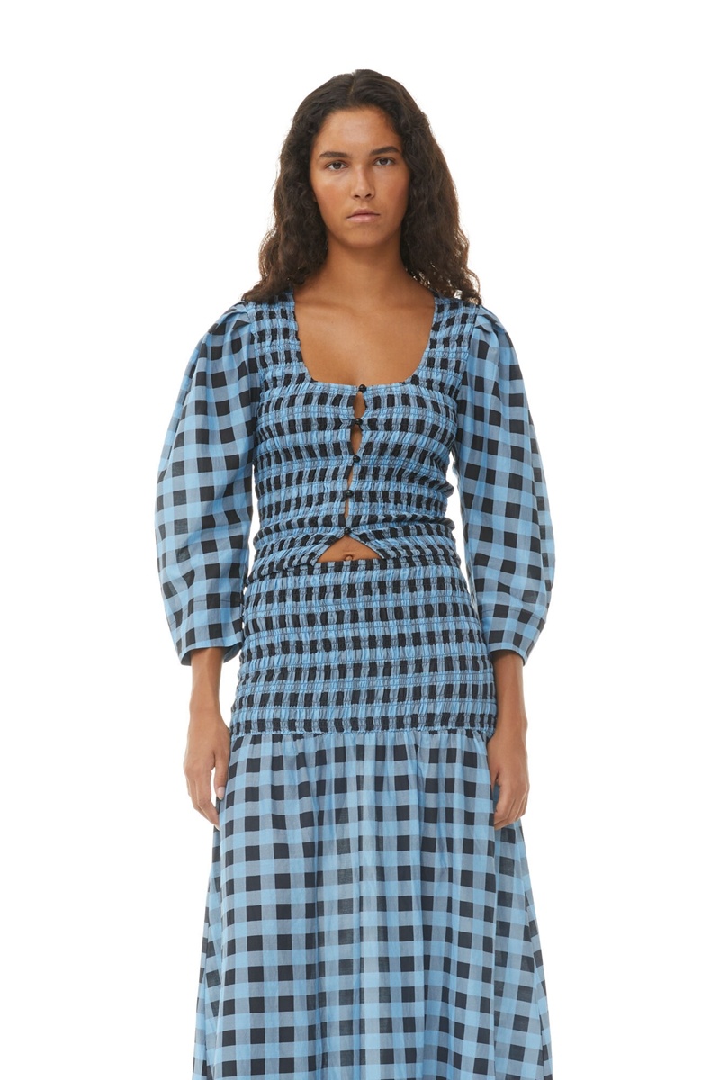 Ganni Checkered Baumwoll Silk Long Smock Röcke Blau | 607-XRSOLE