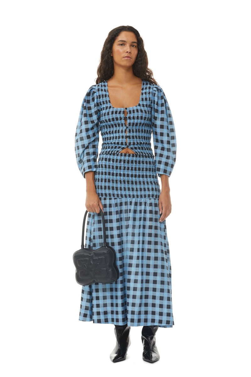 Ganni Checkered Baumwoll Silk Long Smock Röcke Blau | 607-XRSOLE