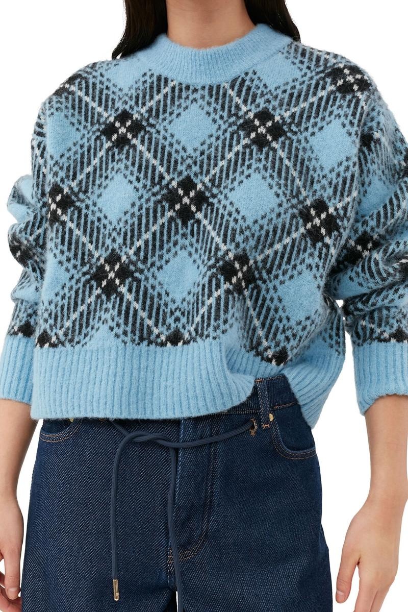 Ganni Checkered Oversized Wolle Pullover Oberteile Silber Blau | 287-HEPINF