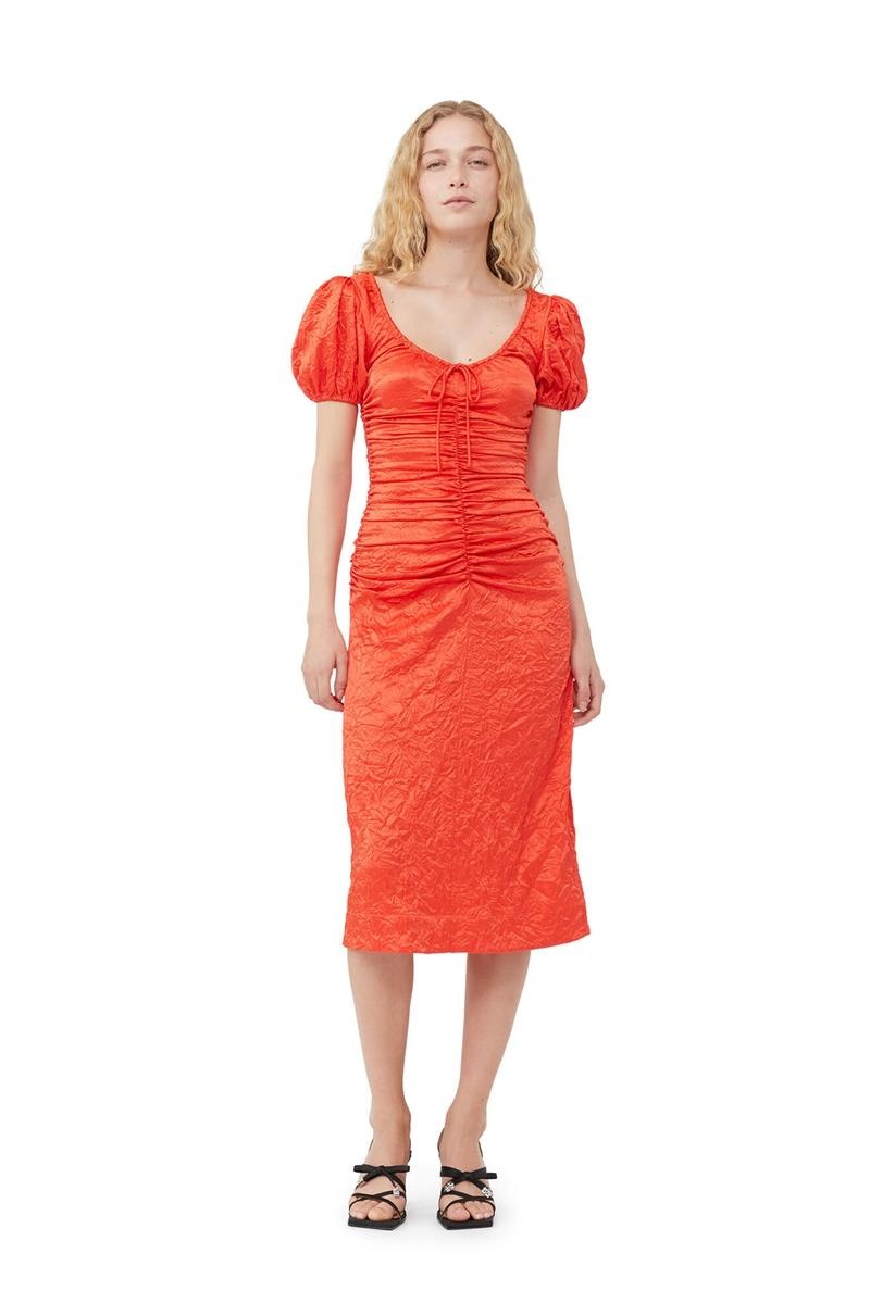 Ganni Crinkled Satin Midi-kleid Orange | 823-NSYOPC