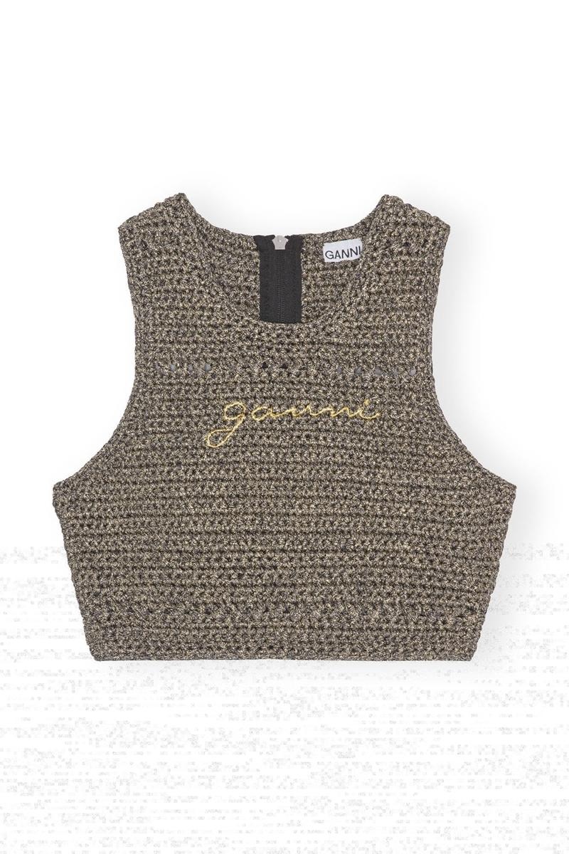 Ganni Crochet Racerback Oberteile Schwarz Gold | 624-KFJBQH