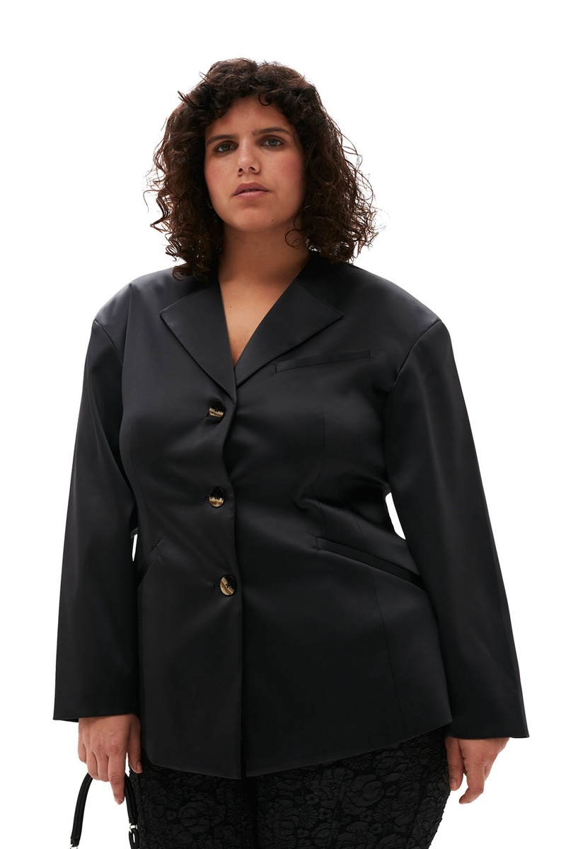 Ganni Double Satin Fitted Blazer Schwarz | 548-NXIGDL