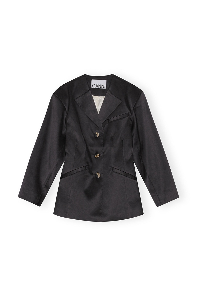 Ganni Double Satin Fitted Blazer Schwarz | 548-NXIGDL