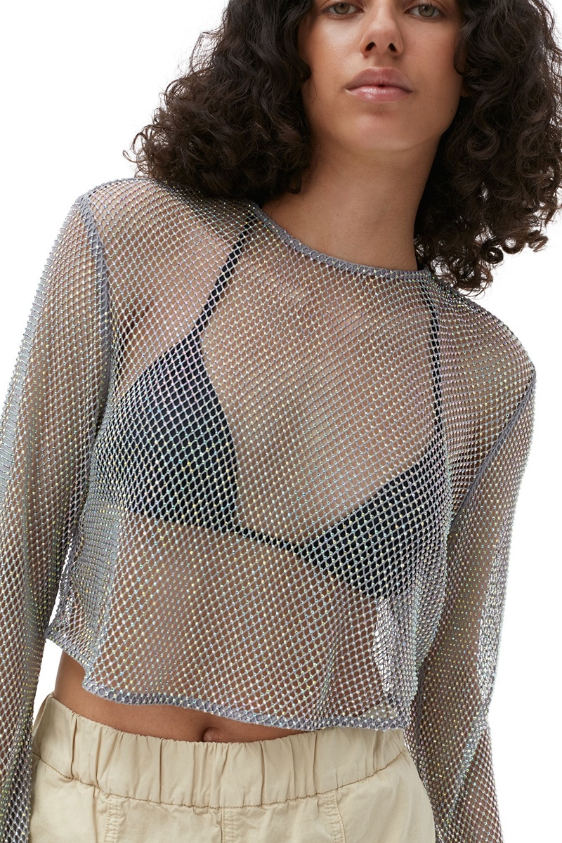 Ganni Embellished Mesh Bluse Silber | 645-NJCDWE